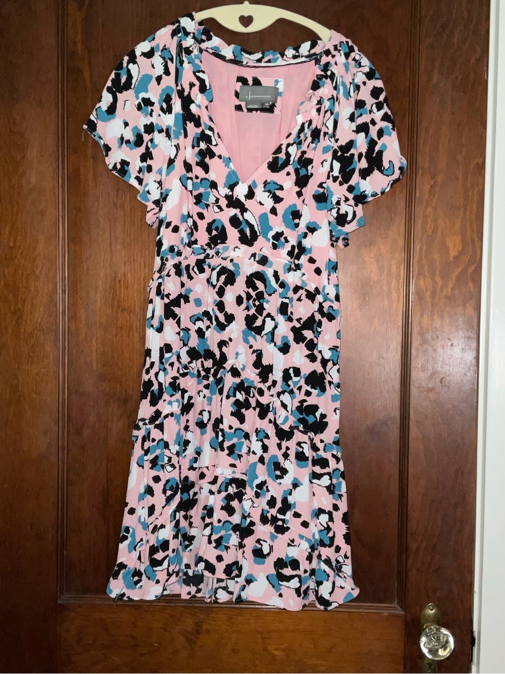 Anthropologie Pink Midi Dress with Blue & Black Print